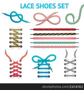 Isolated colorful shoelace icon set with different styles and colors for different types of shoes vector illustration. Colorful Shoelace Icon Set