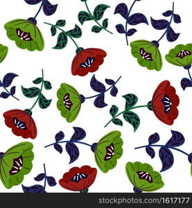 Isolated contrast seamless flora pattern with green and red colored vintage flowers print. White background. Perfect for fabric design, textile print, wrapping, cover. Vector illustration.. Isolated contrast seamless flora pattern with green and red colored vintage flowers print. White background.