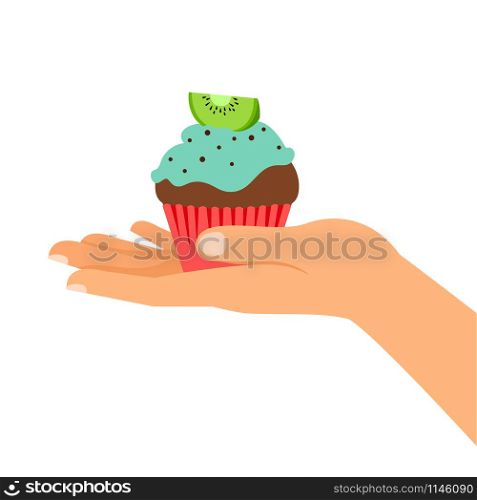 Isolated cupcake with kiwi, gifts vector illustration. Hand holding cupcake. Hand holding cupcake with kiwi