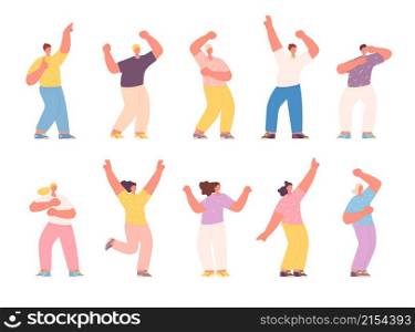 Isolated dancing people. Group friends, happy excited girl in dance. Smiles young teens celebration, disco party or music festival vector set. Illustration of dance celebration and happiness party. Isolated dancing people. Group friends, happy excited girl in dance. Smiles young teens celebration, disco party or music festival utter vector set