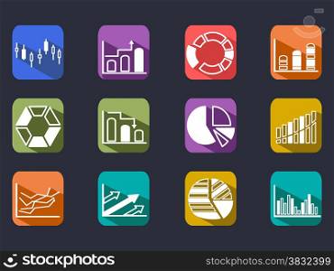 isolated Diagram Icons Set with long shadow on black background