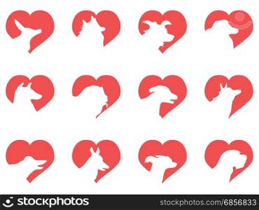isolated dog head heart icons from white background