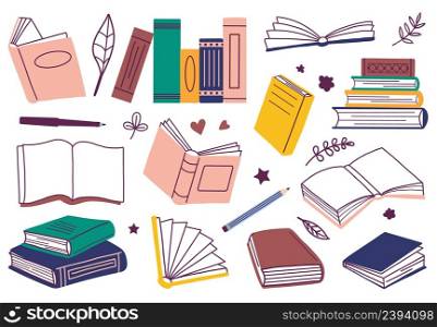 Isolated doodle books. Sketchy book stack, colorful notebook and dictionary. Kids library, read time. Pen and pencil, flat school, university education vector tool. Illustration of literature books. Isolated doodle books. Sketchy book stack, colorful notebook and dictionary. Kids library, read time. Pen and pencil, flat school, university education decent vector tool