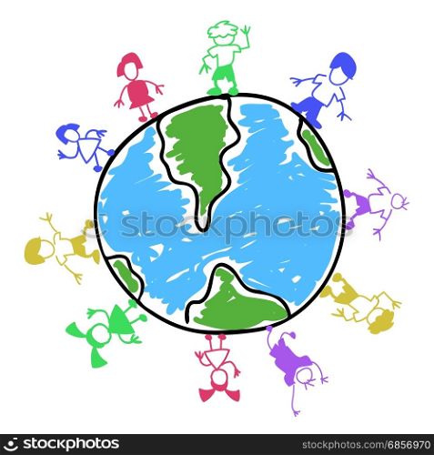 isolated doodle color kids around the world from white background
