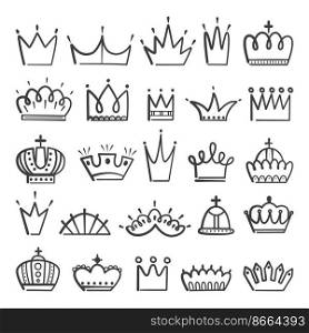 Isolated doodle crowns. Princess crown, prince king tiara. Business royal elements, isolated hand drawn queen line logo. Decorations girls head vector set of crown of king and queen illustration. Isolated doodle crowns. Princess crown, prince king tiara. Business royal elements, isolated hand drawn queen line logo. Decorations girls head neoteric vector set