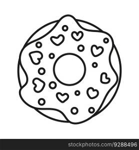 Isolated doodle Donut with hearts black and white. Outline vector illustration. Icon sweets concept. Element for cover, simple linear icon, postcards, print, social media, web, coloring.. Isolated doodle Donut with hearts black and white. Outline vector illustration Icon sweets concept.