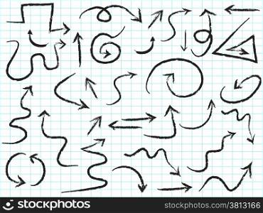 isolated doodle hand drawn arrows set on line paper background