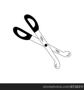 Isolated doodle scissors black and white. Outline vector Icon school supplies. Back to school Design element for banner, sticker, cover, postcard, icon, poster, web. Isolated doodle scissors black and white. Outline vector Icon school supplies.