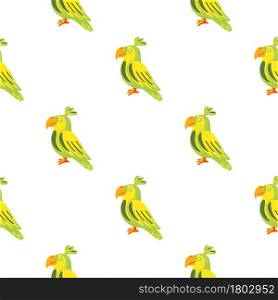 Isolated doodle seamless pattern with green and yellow parrots bird ornament. White background. Perfect for fabric design, textile print, wrapping, cover. Vector illustration.. Isolated doodle seamless pattern with green and yellow parrots bird ornament. White background.