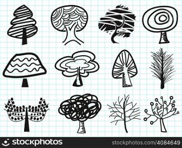 isolated doodle tree icons on lined paper