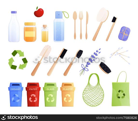 Isolated eco goods flat icon set with different recycle equipment for garbage bottle cutlery and goods for bath and body vector illustration