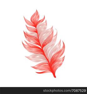 Isolated falling Living Coral color fluffy feather in realistic style. Lightweight Furry Fuzz Icon Design. Vector Graphic Bird Wing Element. Realistic Vector Isolated Flying Feather