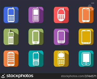 isolated flat cell phone long shadow icons on black background