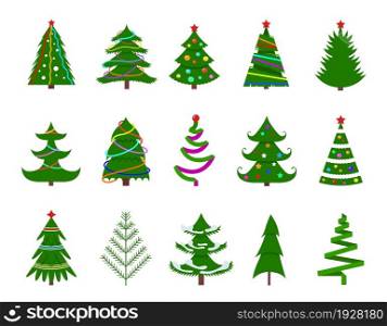 Isolated flat christmas tree. Graphic green trees, cartoon xmas firs. Simple new year decorate symbols, tradition winter holiday vector icons. Illustration of xmas tree, christmas isolated design. Isolated flat christmas tree. Graphic green trees, different cartoon xmas firs. Simple new year decorate symbols, tradition winter holiday exact vector icons