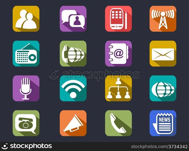 isolated flat communication long shadow icons from black background