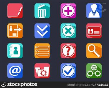 isolated flat internet account setting long shadow icons on black background