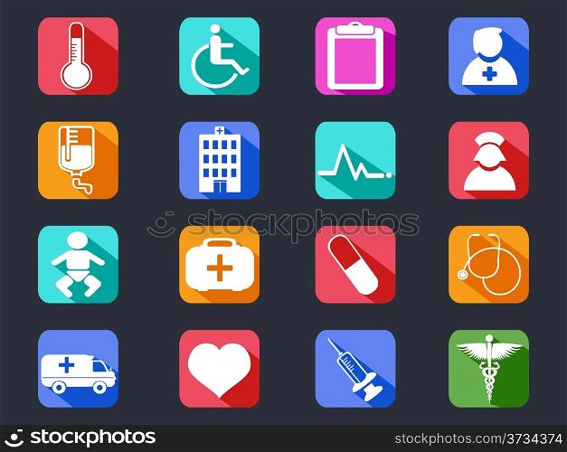 isolated flat medical long shadow icons from black background