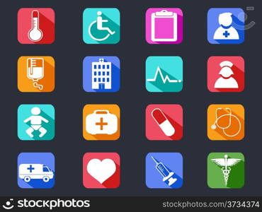 isolated flat medical long shadow icons from black background