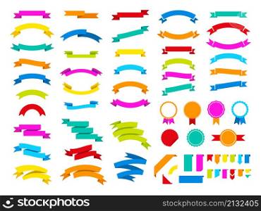 Isolated flat ribbons banners. Tags and banner, curves emblems. Modern decoration badges. Celebrating, winner or anniversary tidy vector set. Illustration of graphic stickers ribbon banner. Isolated flat ribbons banners. Tags and banner, curves emblems. Modern decoration badges. Celebrating, winner or anniversary tidy vector set