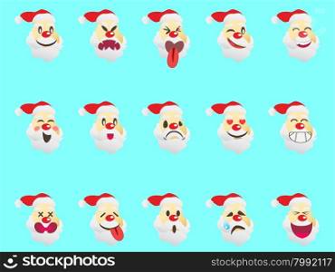 isolated funny santa expression face icons on blue background