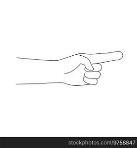 Isolated gesture of index finger pointing to the side. Vector black and white. Hand shows number one. Simple Outline icon for covers, print, icons, symbols, gesture concept together, victory, support.. Isolated gesture of index finger pointing to the side. Vector black and white. Hand shows number one