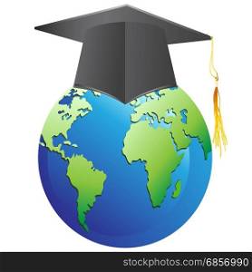 isolated graduation cap on earth from white background. graduation cap on earth