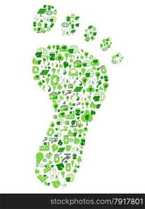 isolated green eco friendly footprint filled with ecology icons from white background