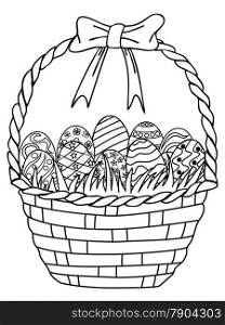 isolated hand drawn Basket of Easter eggs outline,coloring page on white background