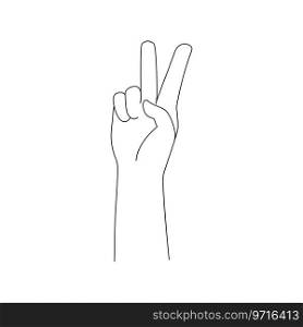 Isolated Hand two fingers up gesture. Vector illustration black and white. Hand shows number two. Simple Outline icon for covers, print, icons, symbols, gesture concept together, victory, support.. Isolated Hand two fingers up gesture. Vector illustration black and white. Hand shows number two.