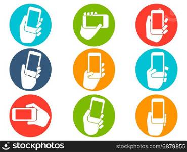 isolated Hands holding mobile phone icons buttons set from white background