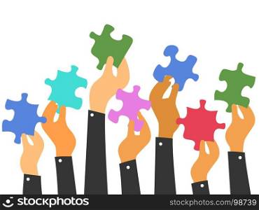 isolated hands holding puzzles from white background