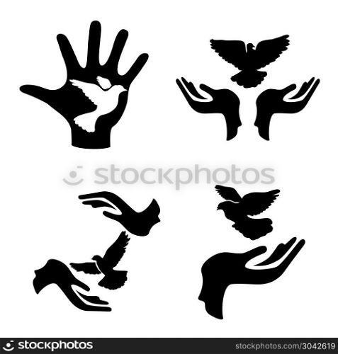 isolated hands with pigeon icons set from white backgronud. hands with pigeon icons set