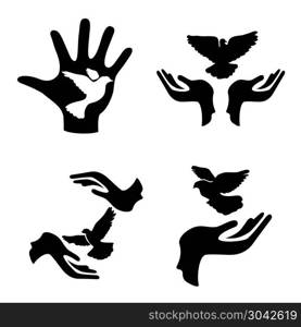 isolated hands with pigeon icons set from white backgronud. hands with pigeon icons set