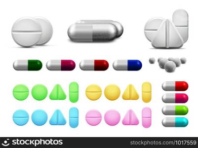 Isolated healthcare white pills, antibiotics or painkiller drugs. Vitamin pill, antibiotic capsule tablet and pharmaceutical drug painkillers cure or treatment drugs medicine realistic vector set. Isolated healthcare white pills, antibiotics or painkiller drugs. Vitamin pill, antibiotic capsule and pharmaceutical drug vector set