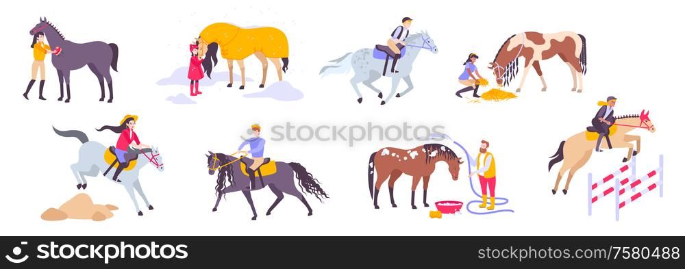 Isolated horse flat icon set with different types of horses sports and riders vector illustration