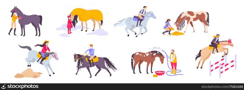 Isolated horse flat icon set with different types of horses sports and riders vector illustration