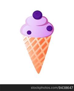 Isolated ice cream icon, cartoon colorful print, vector illustration of sweet food, summer frozen food with blueberry, waffle cone.