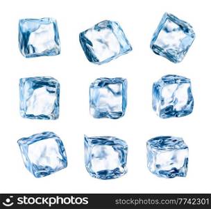 Isolated ice cubes, realistic crystal ice blocks, transparent pieces on white background. 3d vector blue ice for drink cooling, square frozen water blocks set for alcohol or cocktail beverages. Isolated ice cubes, realistic crystal ice blocks