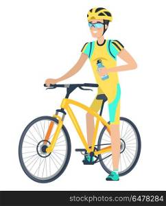 Isolated Icons of Bicycle and Cyclist on White. Vector illustration of yellow bicycle and smiling sportsman dressed in cycling clothing including helm isolated icons on white.