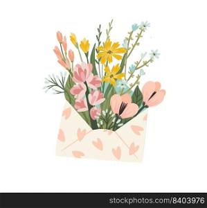 Isolated illustration of flowers in envelope. Vector design concept for Valentines Day and other use.. Isolated illustration of flowers in envelope. Vector design concept for Valentines Day and other.