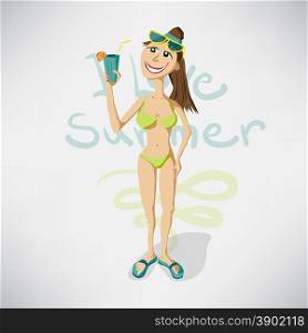 Isolated image woman in a swimsuit on the beach with a cocktail in hand