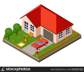 Isolated isomatic cottage. Country life. Garage. Green grass. Lawn. Swing. Vector illustration