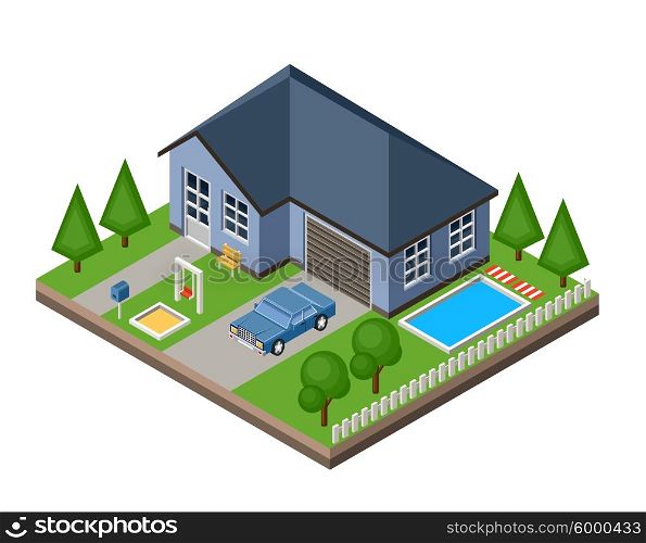Isolated isomatic cottage. Country life. Garage. Green grass. Lawn. Swing. Vector illustration