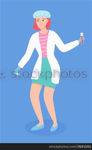 Isolated laboratory assistant woman holding flask with liquid or blood in hand. Professional medical assistant with results of test. Flat cartoon character in medical gown and protective hat. Isolated laboratory assistant woman holding flask with liquid or blood in hand, medical assistant