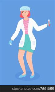 Isolated laboratory assistant woman holding flask with liquid or blood in hand. Professional medical assistant with results of test. Flat cartoon character in medical gown and protective hat. Isolated laboratory assistant woman holding flask with liquid or blood in hand, medical assistant