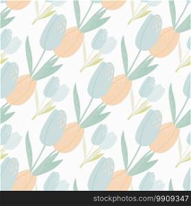 Isolated light seamless pattern with blue and pink tulips. Pastel floral ornament on white background. Designed for wallpaper, textile, wrapping paper, fabric print. Vector illustration.. Isolated light seamless pattern with blue and pink tulips. Pastel floral ornament on white background.