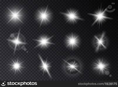 Isolated light white stars. Star glow, abstract shiny lighting sparkle. Glitter beams, burst with rays. Disco energy glare effect exact vector set. Illustration of white star abstract, shine and light. Isolated light white stars. Star glow, abstract shiny lighting sparkle. Glitter beams, burst with rays. Disco energy glare effect exact vector set