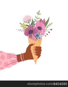 Isolated llustration bouquet of flowers in female hand. Vector design concept for holyday and other use.. Isolated llustration bouquet of flowers in female hand. Vector design concept for holyday and other