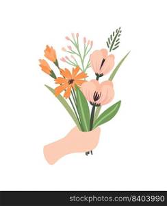 Isolated llustration bouquet of flowers in hand. Vector design concept for Valentines Day and other use.. Isolated llustration bouquet of flowers in hand. Vector design concept for Valentines Day and other.