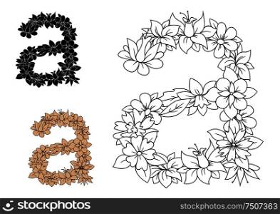 Isolated lowercase floral letter a with flowers, herbs and leaves. Retro style. Isolated lowercase floral letter a